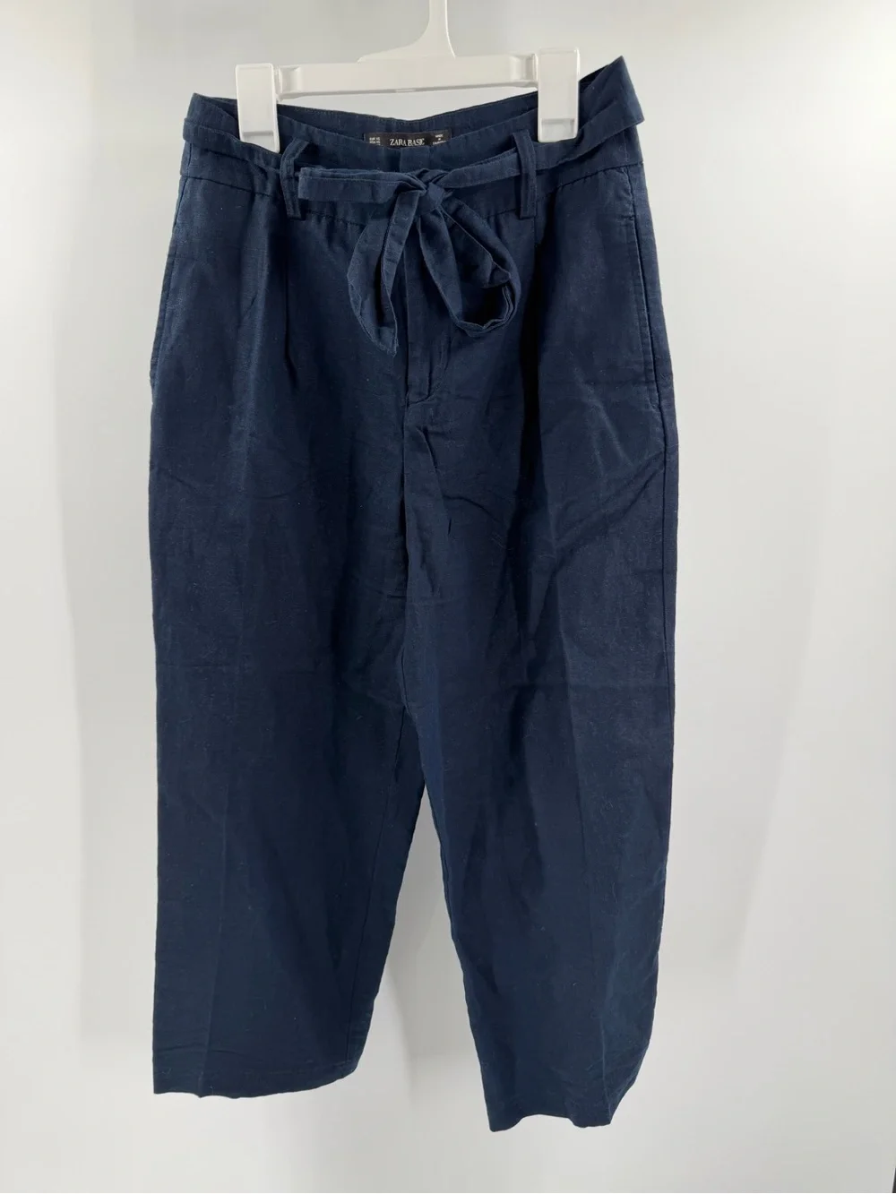 Zara Navy Blue Straight Leg‎ Cropped Ankle Pant Size XS Linen Blend Belted